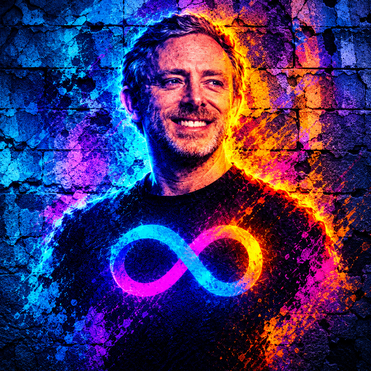 Neon-lit portrait of Dominic Williams wearing a glowing infinity logo, the $DOMINIC token mascot
